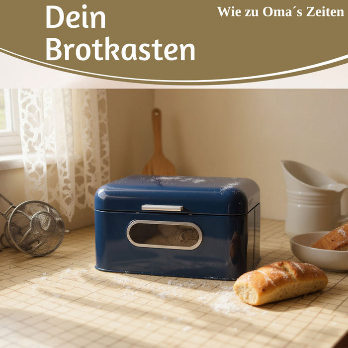 Vintage Brotkasten Blau 30cm Metall mit Deckel Retro Brotbox Aufbewahrungskorb