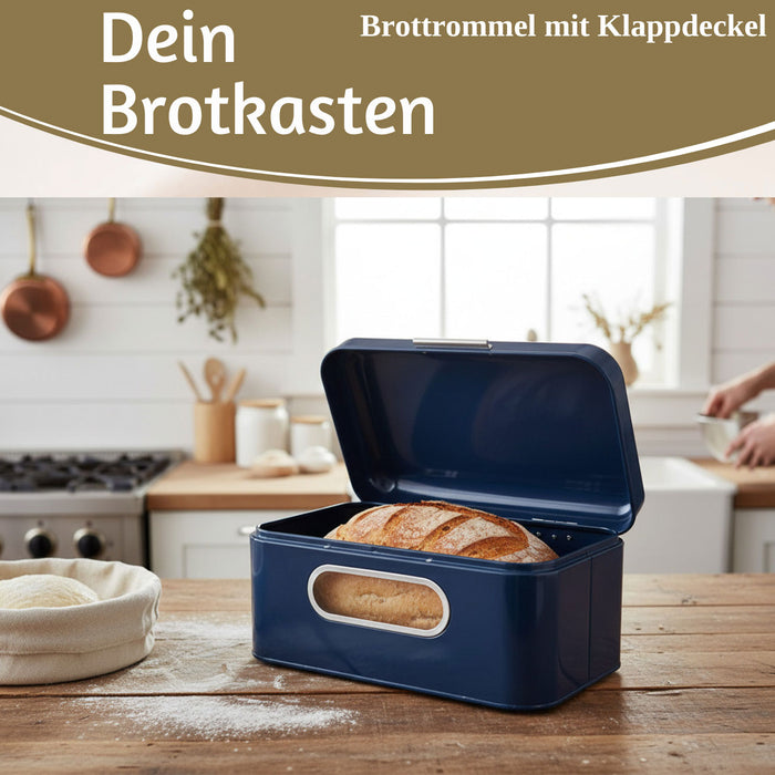 Vintage Brotkasten Blau 30cm Metall mit Deckel Retro Brotbox Aufbewahrungskorb