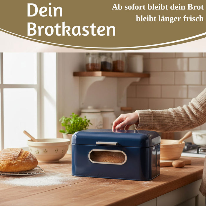 Vintage Brotkasten Blau 30cm Metall mit Deckel Retro Brotbox Aufbewahrungskorb