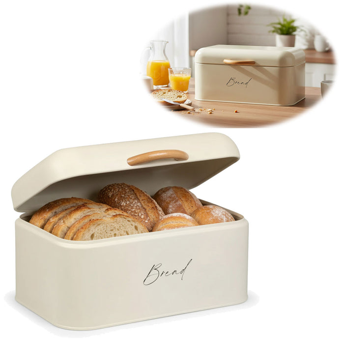 KI-generiertes Bild Vintage Brotkasten Weiß 30cm Slogan Bread Metall mit Deckel Retro Brotbox Aufbewahrungskorb