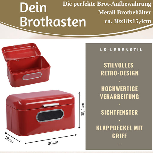 Vintage Brotkasten Rot 30cm Metall mit Deckel Retro Brotbox Aufbewahrungskorb