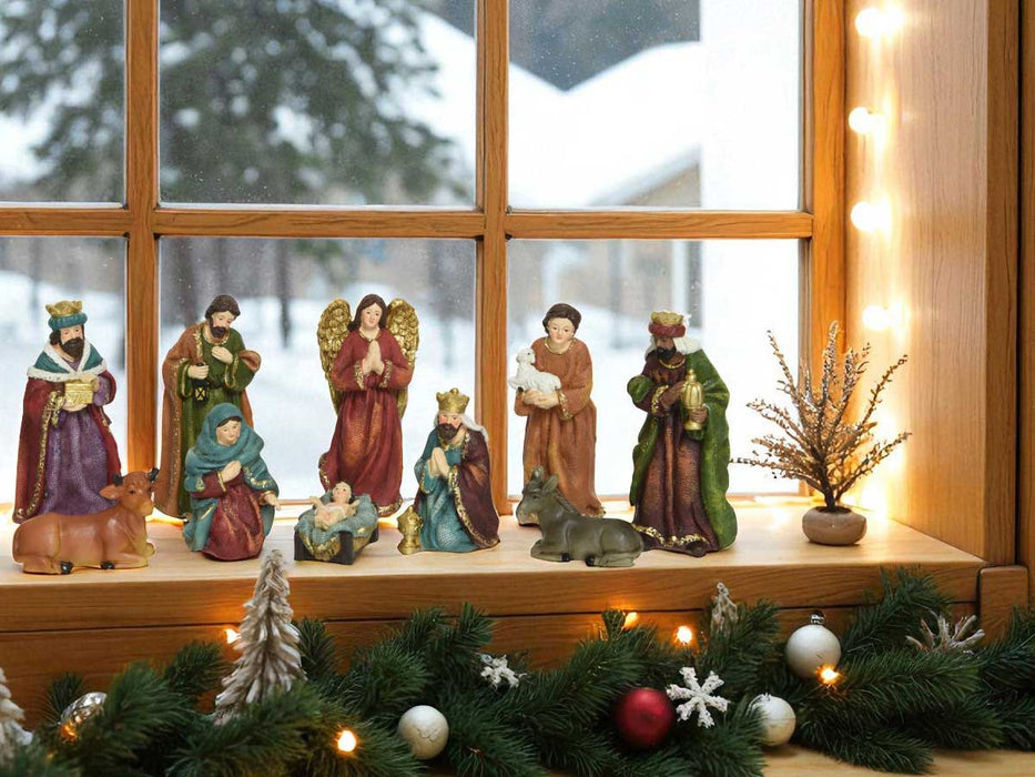 KI-generiertes Bild,Krippenfiguren Set 10 Figuren 13cm Traditionell Handbemalt Krippe Krippenset Xmas