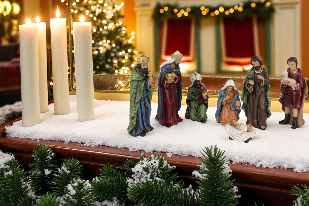 KI-generiertes Bild,Krippenfiguren Set 7 Figuren 12cm Traditionell Handbemalt Krippe Krippenset Xmas