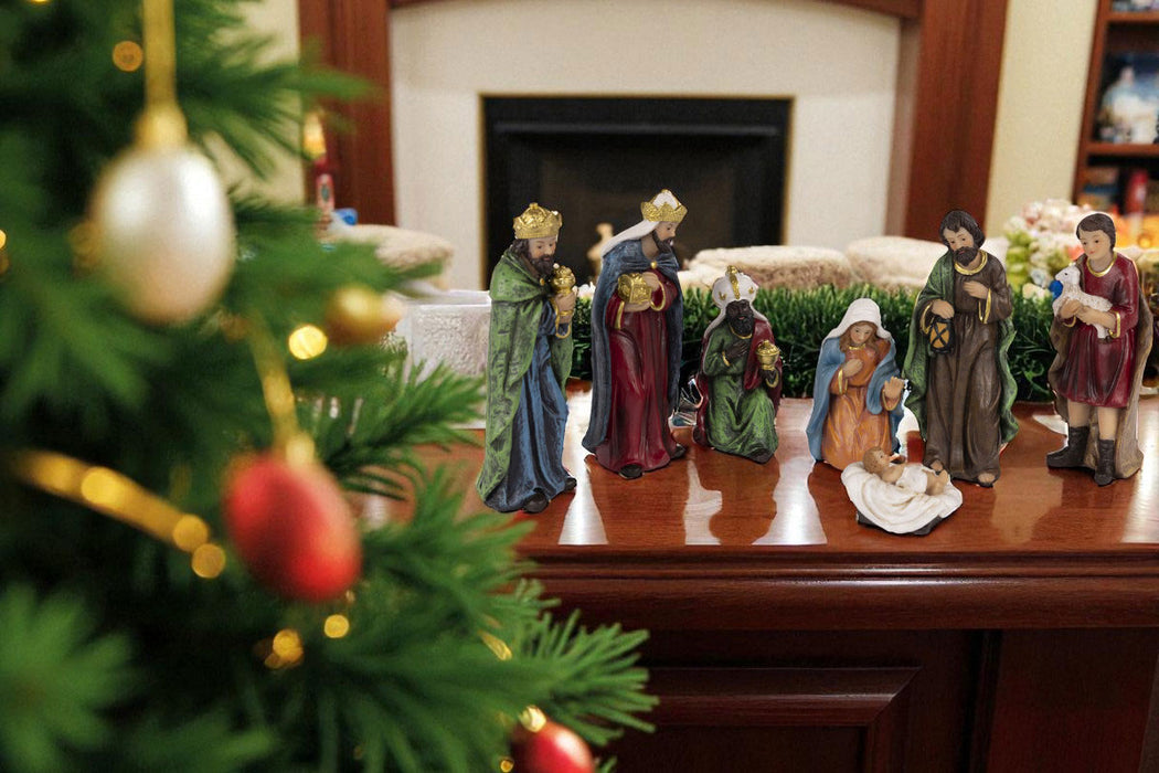 KI-generiertes Bild,Krippenfiguren Set 7 Figuren 12cm Traditionell Handbemalt Krippe Krippenset Xmas