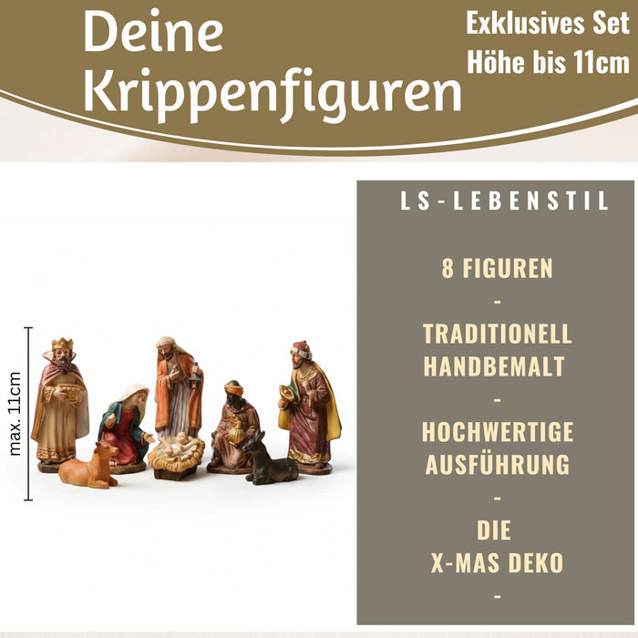 KI-generiertes Bild,Krippenfiguren Set 8 Figuren 11cm Traditionell Handbemalt Krippe Krippenset Xmas