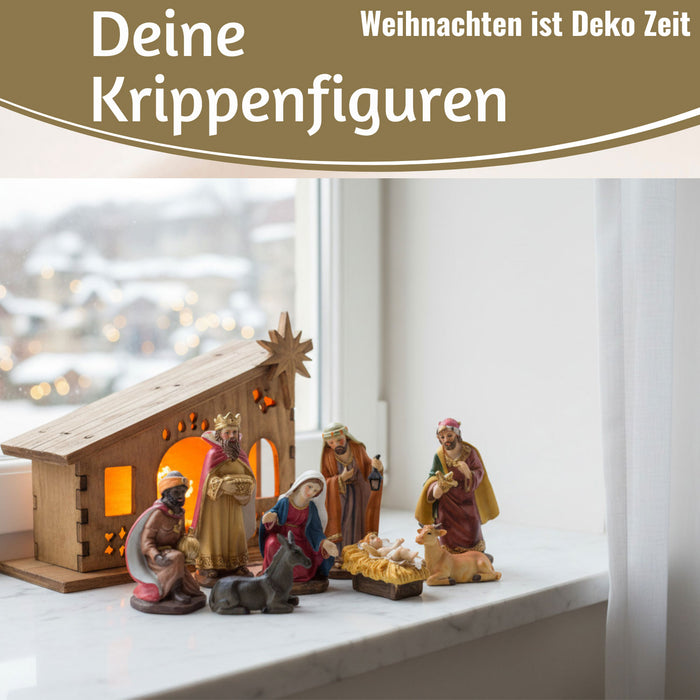 KI-generiertes Bild,Krippenfiguren Set 8 Figuren 11cm Traditionell Handbemalt Krippe Krippenset Xmas