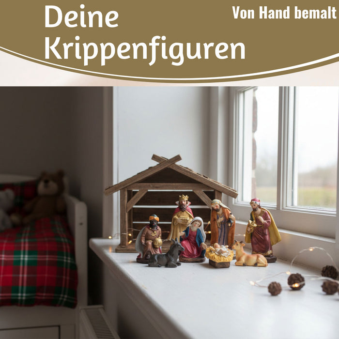 KI-generiertes Bild,Krippenfiguren Set 8 Figuren 11cm Traditionell Handbemalt Krippe Krippenset Xmas