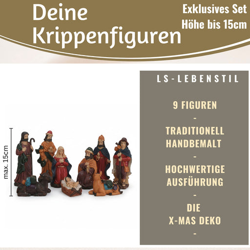 KI-generiertes Bild,XL Krippenfiguren Set 9 Figuren 15cm Traditionell Handbemalt Krippe Krippenset