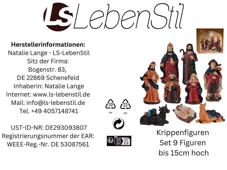 XL Krippenfiguren Set 9 Figuren 15cm Traditionell Handbemalt Krippe Krippenset