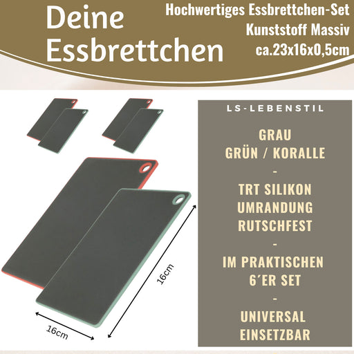 6x Kunststoff Essbrettchen 23x16cm 6´er Set Grau Rutschfest Frühstücksbrettchen