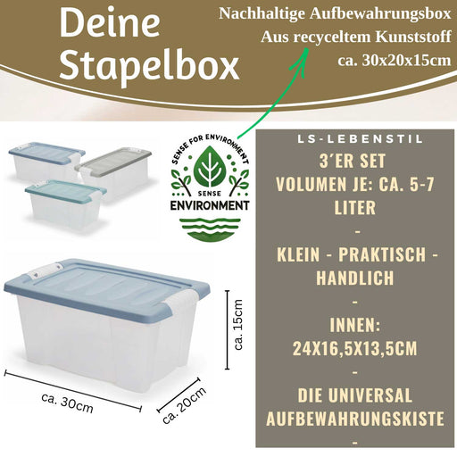 Stapelbox Allzweckbox 3´er Set 30x20x15cm Recycelt mit Deckel Transportbox Stapelkiste