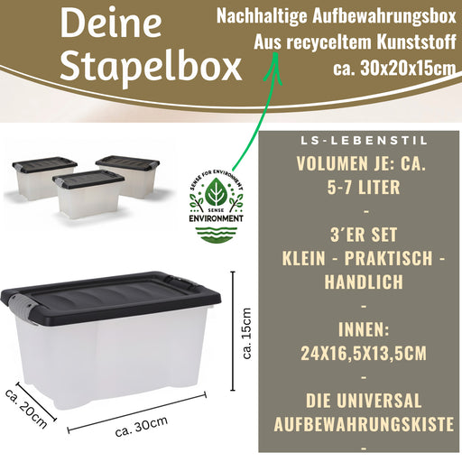 Stapelbox Allzweckbox 3´er Set 30x20x15cm Recycelt mit Deckel Transportbox Stapelkiste