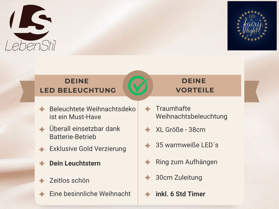 2x 35 LED Leuchtstern Weihnachtsstern Ø 38cm Gold Timer Batterie Beleuchtet