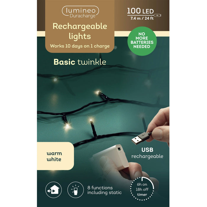 USB LED Lichterkette 100 Lampen 7,4 Meter 8 Lichteffekte Timer Batterie Warm-Weiß