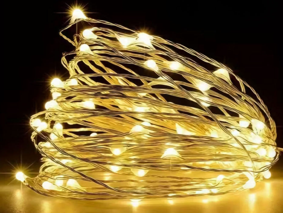 USB Micro LED Lichterkette 100 Lampen 9,9 Meter 8 Lichteffekte Timer Batterie Warm-Weiß