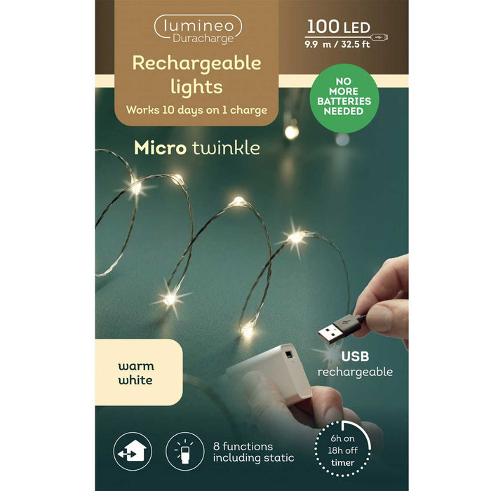 USB Micro LED Lichterkette 100 Lampen 9,9 Meter 8 Lichteffekte Timer Batterie Warm-Weiß