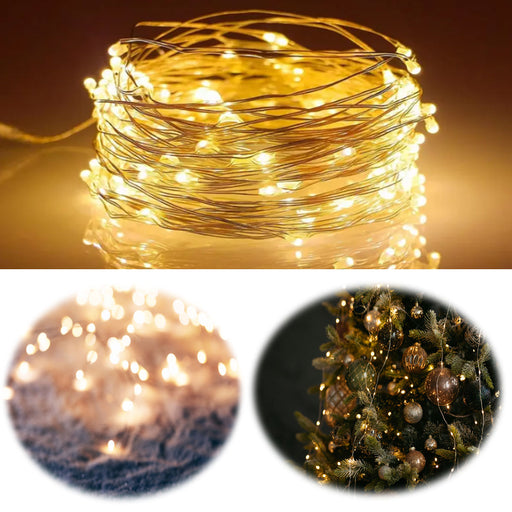 USB Micro LED Lichterkette 100 Lampen 9,9 Meter 8 Lichteffekte Timer Batterie Warm-Weiß