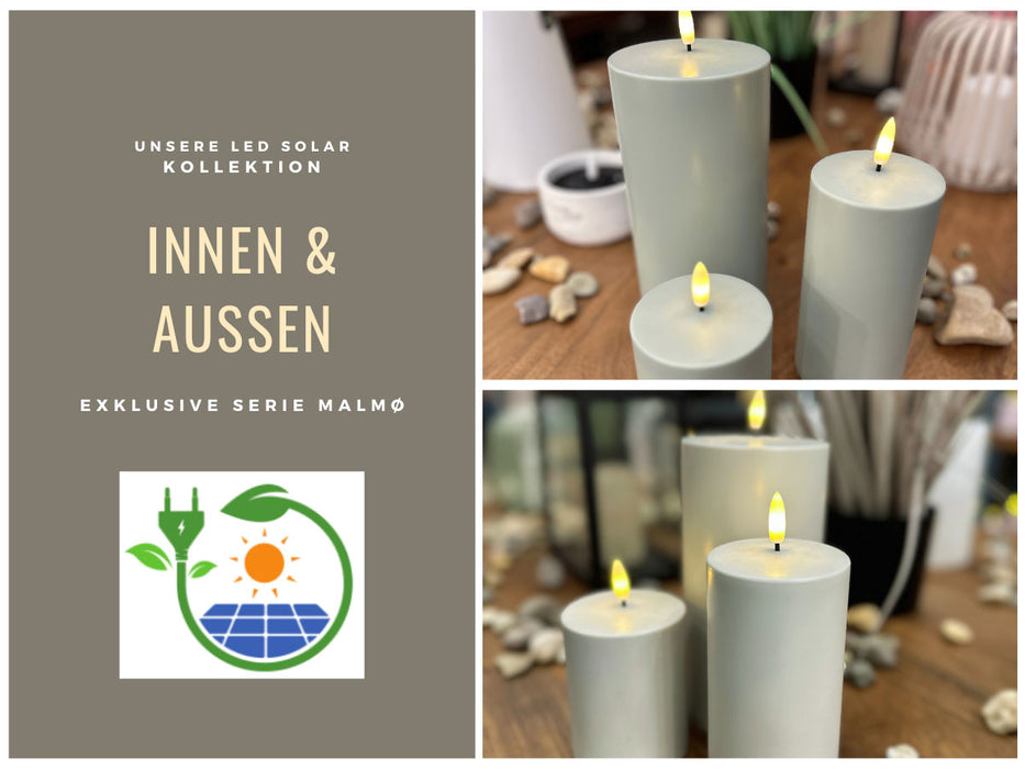 Solar Outdoor LED 3D Stumpenkerze 10x7,5cm Grün Timer Kunststoff flackernde Kerze