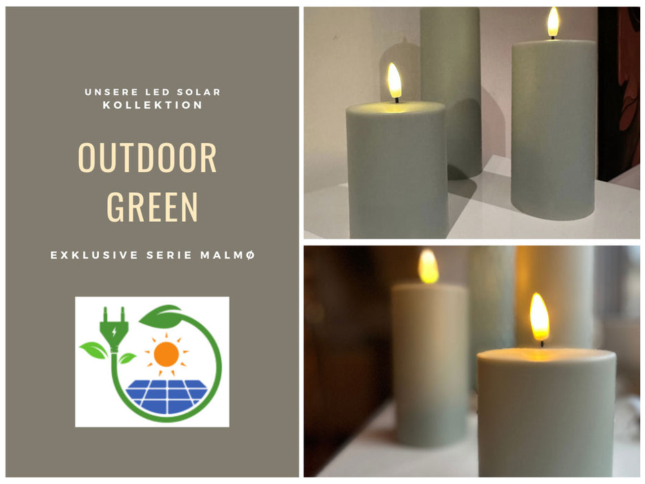 Solar Outdoor LED 3D Stumpenkerze 10x7,5cm Grün Timer Kunststoff flackernde Kerze