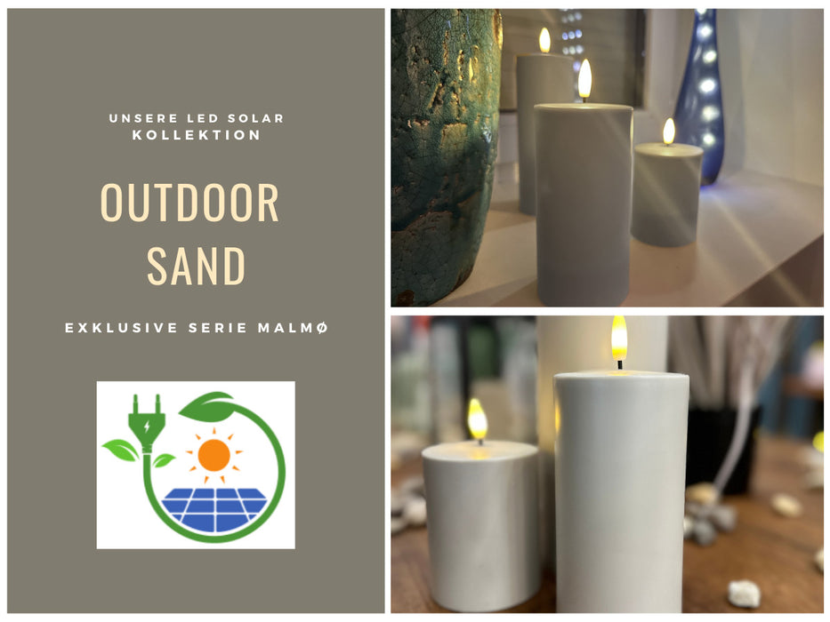 KI-generiertes Bild,Solar Outdoor LED 3D Stumpenkerze 15x7,5cm Sand Timer Kunststoff flackernde Kerze