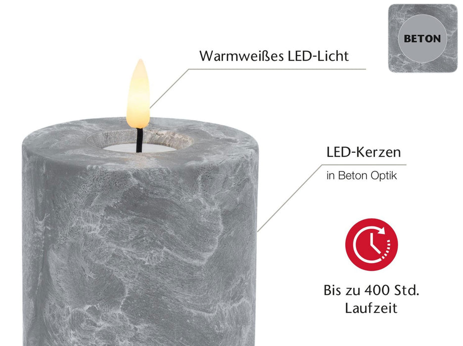 LED 3D Stumpenkerze Grau 10x8cm Beton-Optik Timer flackernde flammenlose Kerze