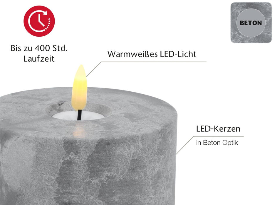 LED 3D XXL Teelicht Grau 5x10cm Beton-Optik Timer flackernde flammenlose Kerze