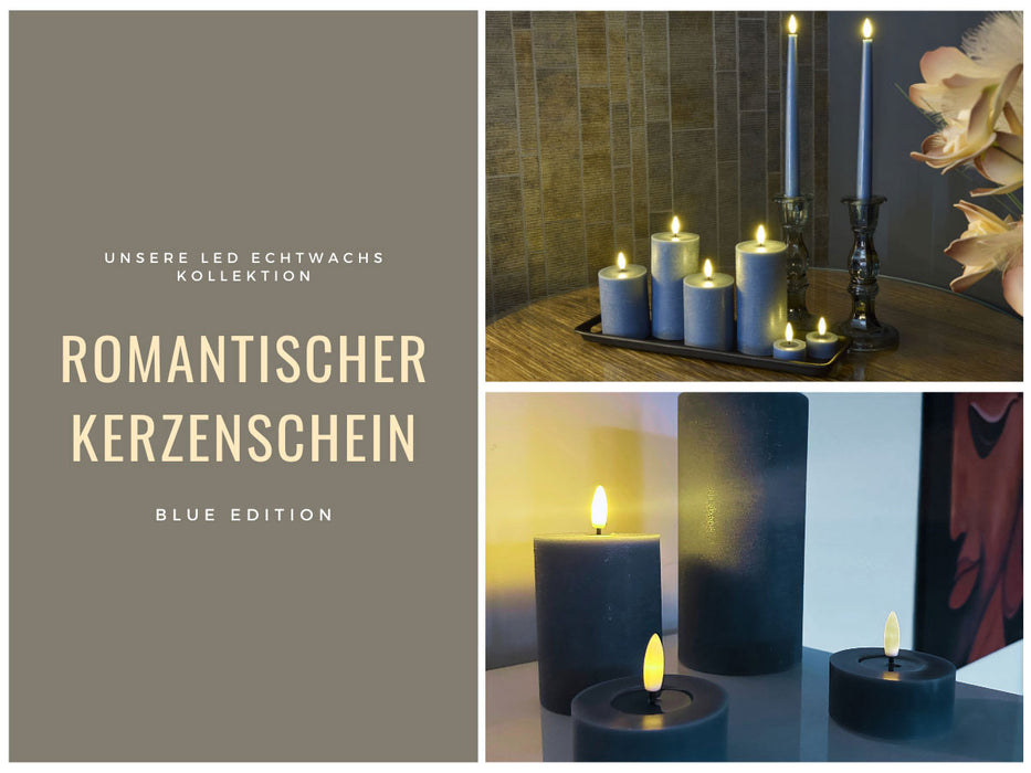 KI-generiertes Bild,LED 3D Stumpenkerze Ribe Blau 20x10cm Echtwachs flackernde flammenlose Kerze