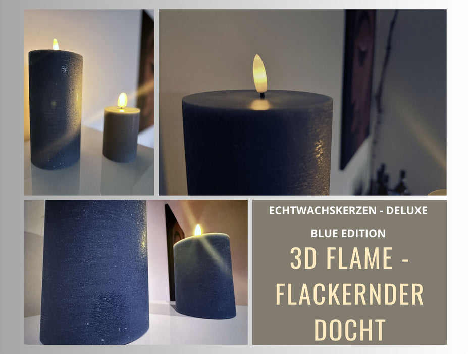 KI-generiertes Bild,LED 3D Stumpenkerze Ribe Blau 20x10cm Echtwachs flackernde flammenlose Kerze