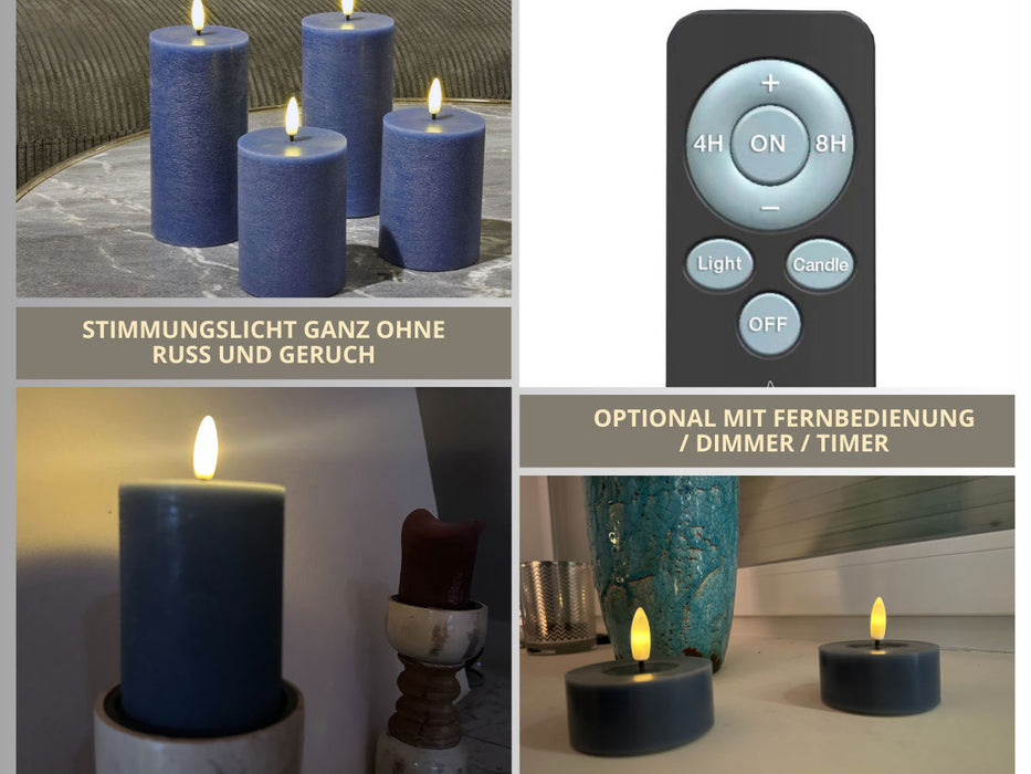 KI-generiertes Bild,LED 3D Stumpenkerze Ribe Blau 20x10cm Echtwachs flackernde flammenlose Kerze