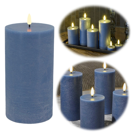 LED 3D Stumpenkerze Ribe Blau 20x10cm Echtwachs flackernde flammenlose Kerze