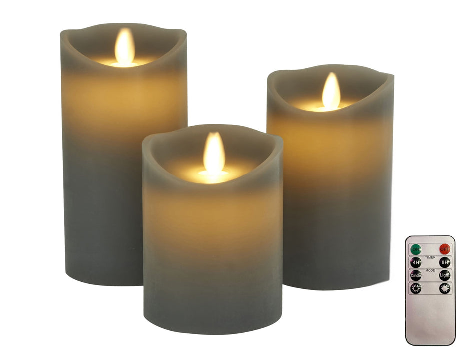3D LED Echtwachs Stumpenkerze Grau 3´er Set Fernbedienung Timer flammenlose Kerze
