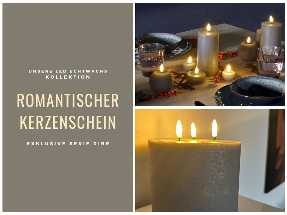 LED 3D Stumpenkerze Ribe Grau 15x15cm Dreidocht Echtwachs flackernde flammenlose Kerze