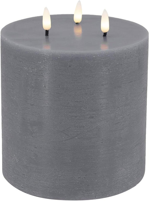LED 3D Stumpenkerze Ribe Grau 15x15cm Dreidocht Echtwachs flackernde flammenlose Kerze