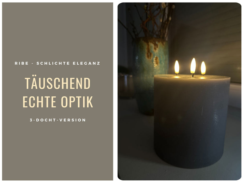 LED 3D Stumpenkerze Ribe Grau 15x15cm Dreidocht Echtwachs flackernde flammenlose Kerze