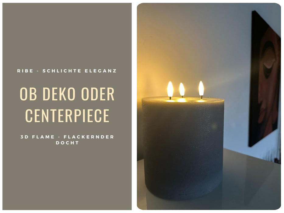 LED 3D Stumpenkerze Ribe Grau 15x15cm Dreidocht Echtwachs flackernde flammenlose Kerze