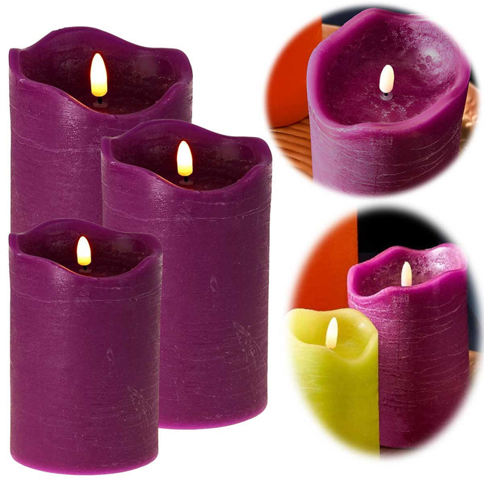 LED 3D Stumpenkerze Lila 3´er Set Timer Echtwachs flackernde flammenlose Kerze