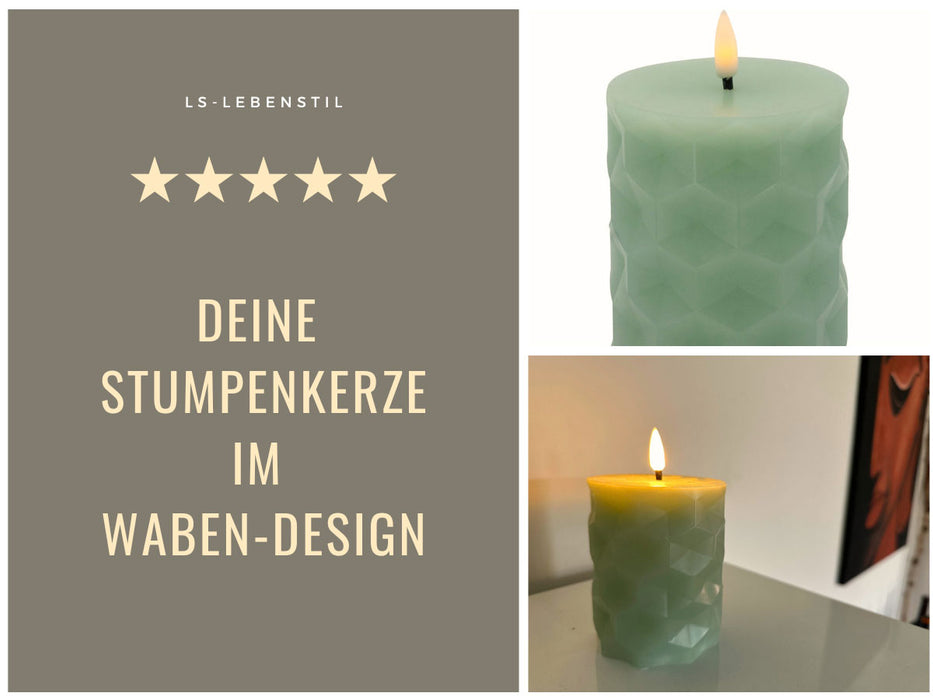 LED 3D Stumpenkerze Ribe Mint 8x10cm Wabe Echtwachs flackernde flammenlose Kerze