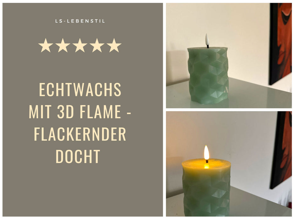 LED 3D Stumpenkerze Ribe Mint 8x10cm Wabe Echtwachs flackernde flammenlose Kerze