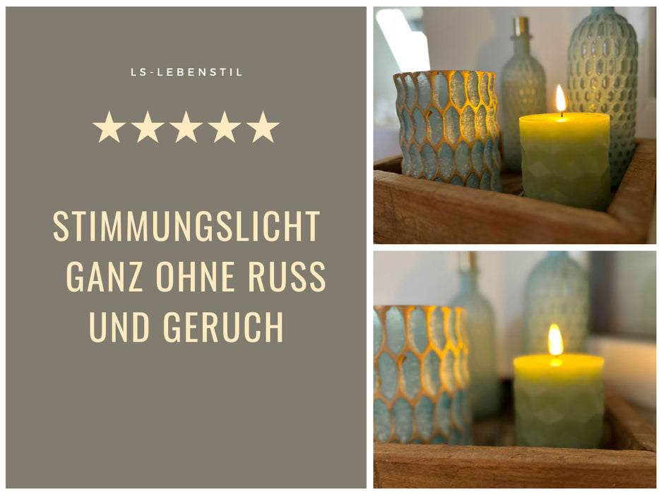 LED 3D Stumpenkerze Ribe Mint 8x10cm Wabe Echtwachs flackernde flammenlose Kerze