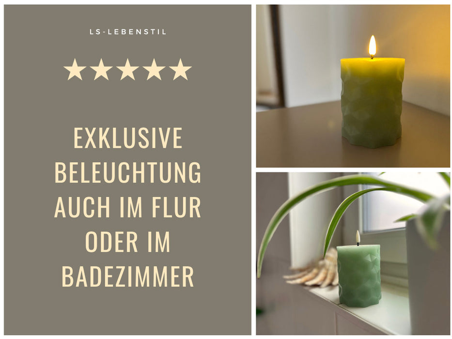 LED 3D Stumpenkerze Ribe Mint 8x10cm Wabe Echtwachs flackernde flammenlose Kerze