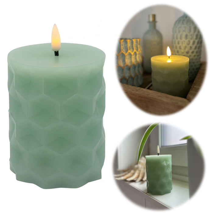 LED 3D Stumpenkerze Ribe Mint 8x10cm Wabe Echtwachs flackernde flammenlose Kerze