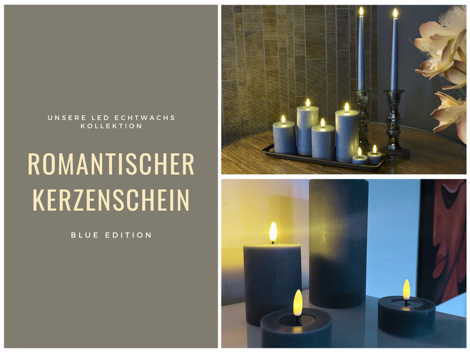 2x XL LED 3D Teelichter Ribe Blau 6,8cm Echtwachs Spiegel flackernde flammenlose Kerze