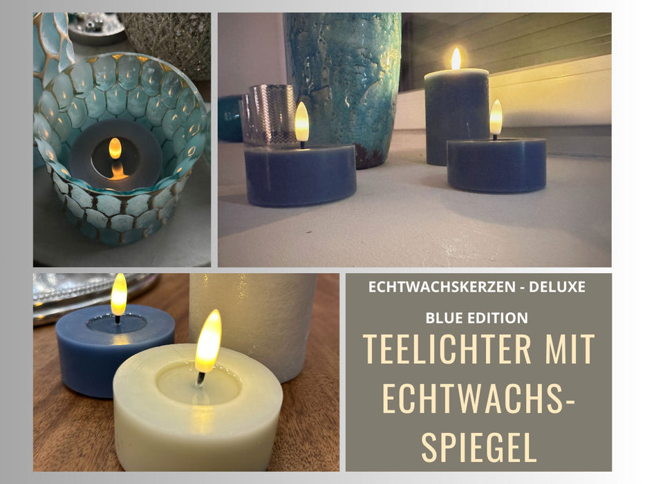 2x XL LED 3D Teelichter Ribe Blau 6,8cm Echtwachs Spiegel flackernde flammenlose Kerze