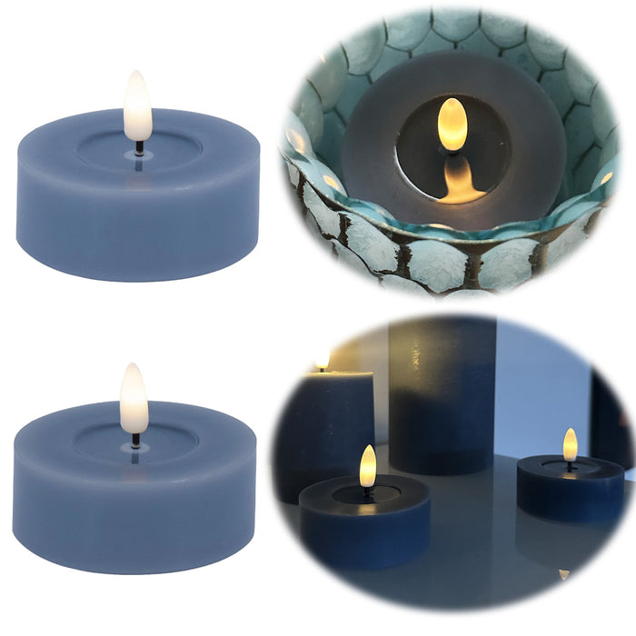 2x XL LED 3D Teelichter Ribe Blau 6,8cm Echtwachs Spiegel flackernde flammenlose Kerze