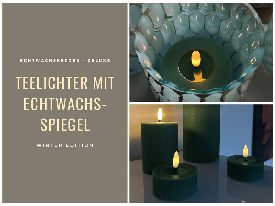 2x XL LED 3D Teelichter Ribe Grün 6,8cm Echtwachs Spiegel flackernde flammenlose Kerze