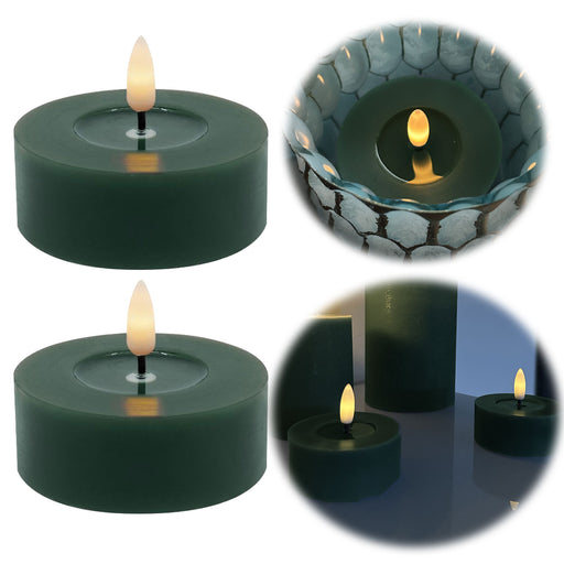 2x XL LED 3D Teelichter Ribe Grün 6,8cm Echtwachs Spiegel flackernde flammenlose Kerze