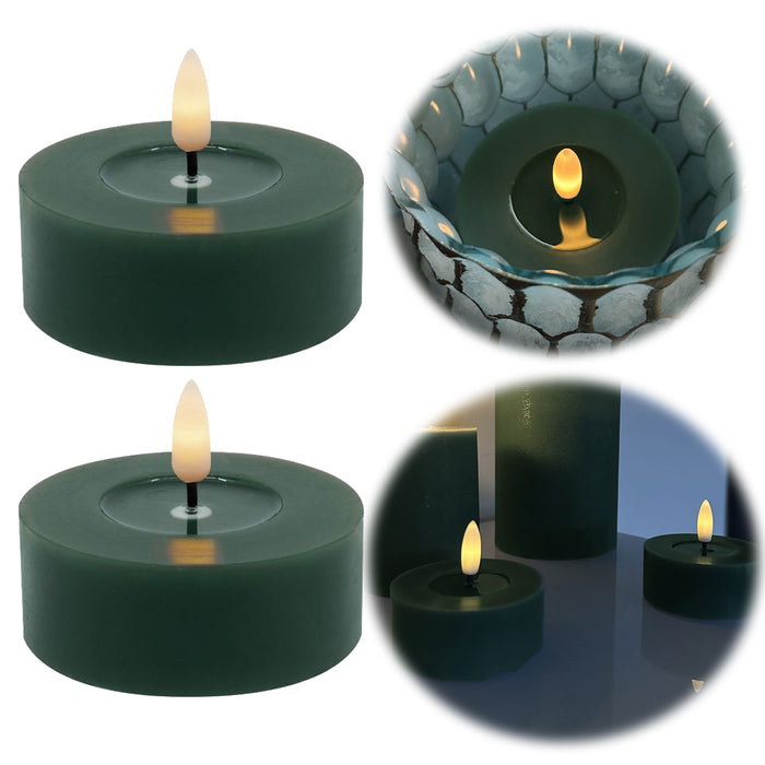 2x XL LED 3D Teelichter Ribe Grün 6,8cm Echtwachs Spiegel flackernde flammenlose Kerze