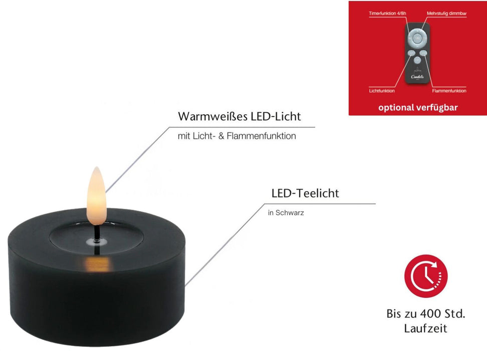 KI-generiertes Bild,2x XL LED 3D Teelichter Ribe Schwarz 6,8cm Echtwachs Spiegel flackernde flammenlose Kerze