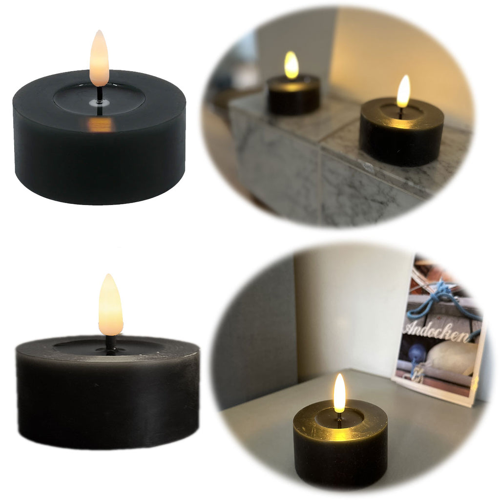 2x XL LED 3D Teelichter Ribe Schwarz 6,8cm Echtwachs Spiegel flackernd — LS-LebenStil