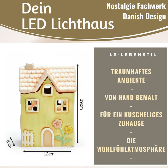 KI-generiertes Bild, LED Lichterhaus Nyhavn 19cm Gruen Keramik Fachwerkhaus Leuchthaus